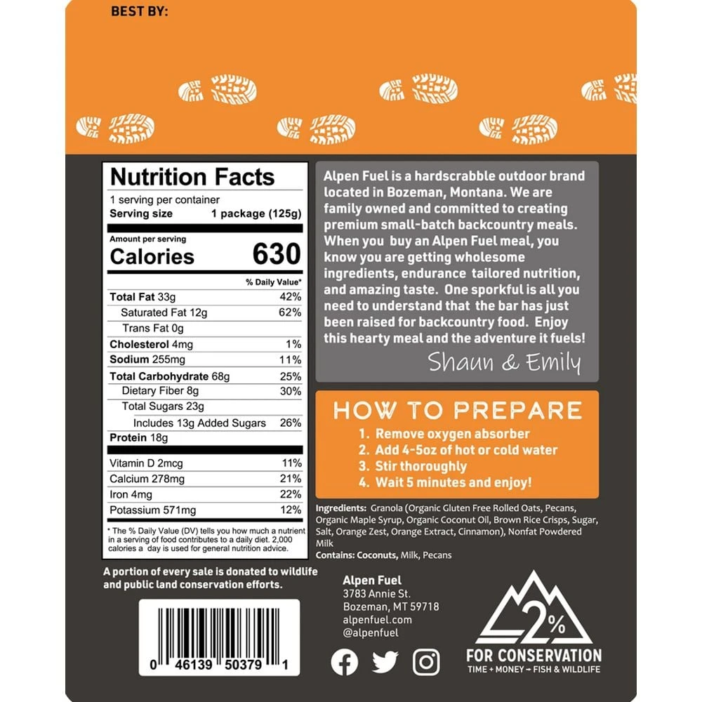 Alpen Fuel Orange Pecan Granola Breakfast Backpacking Meal - Image 2